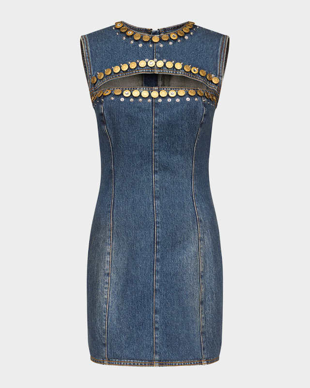 Crystal Button Studded Slit Denim Mini Dress